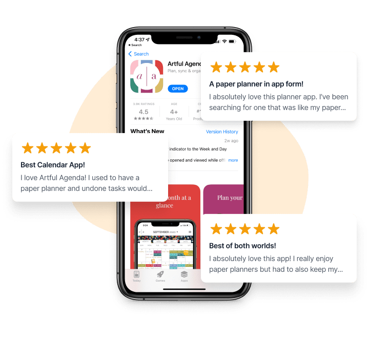 Artful Agenda's mobile app overlaid with 5-star reviews from the iOS App Store